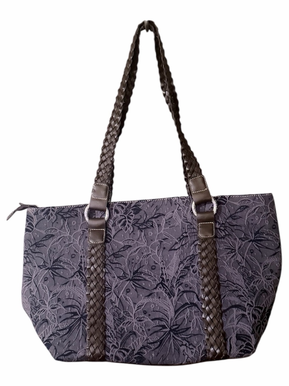 Coldwater Creek Purple Floral Tapestry Shoulder Tote with Braided Brown Straps